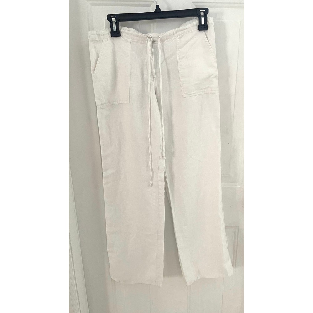 Oboe Women White 100% Linen Wide Leg Drawstring Pants Size Small Coastal Summer